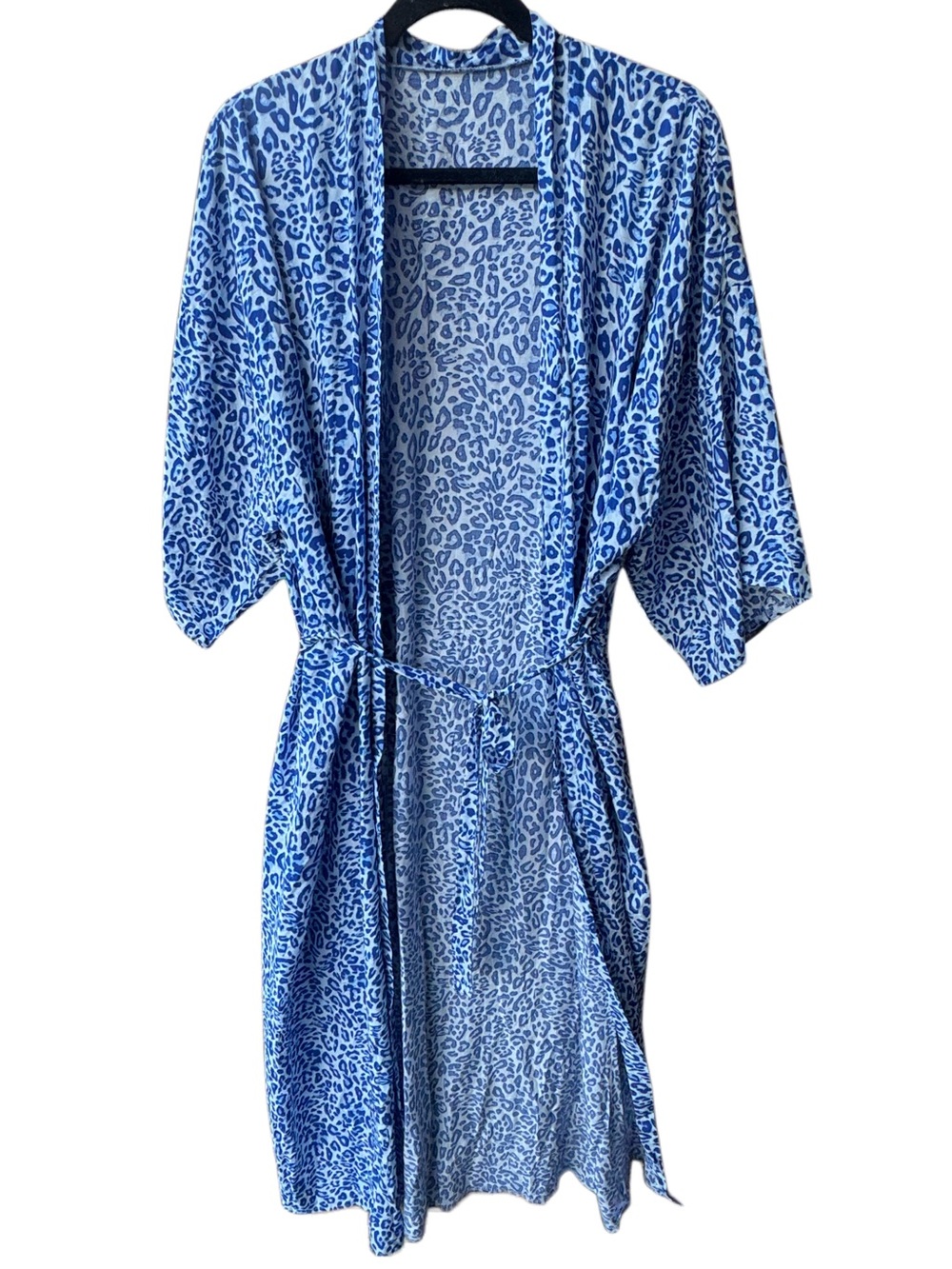 Blue & White Leopard Print Open Front Duster Kimono w/ Belt or as swim cover
